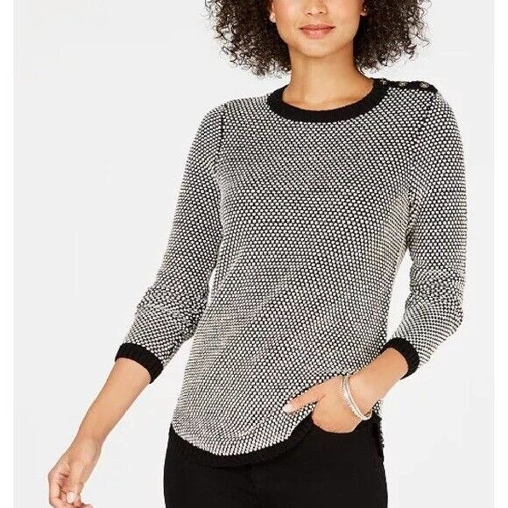 Charter Club Textured Crew Button Neck Sweater Black White Long Sleeve S